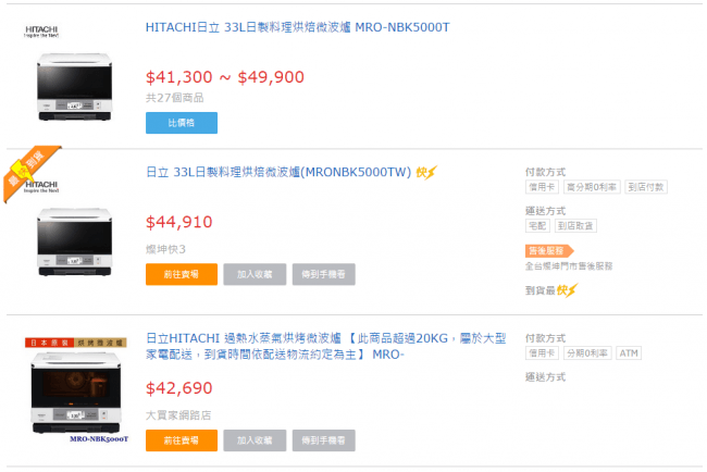 台灣 水波爐 / 微波爐 價格