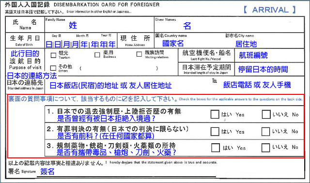 外國人入境記錄卡