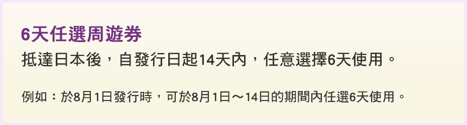 6天任選周遊券: 抵達日本後，自發行日起14天內，任意選擇6天使用。例如：於8月1日發行時，可於8月1日～14日的期間內任選6天使用。